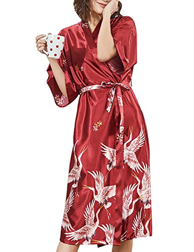 Preisvergleich Produktbild Feynman Kimono Morgenmantel Damen Sommer Nachtwäsche Robe mit Kranich Muster