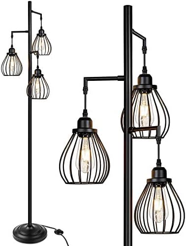 Lakumu Industrial Floor Lamp for Living Room, Tree Floor Lamp with 3 Elegant Teardrop Cage Heads & ST58 Edison LED Bulbs, Sturdy Base Tall Vintage Pole Light Great for Farmhouse Rustic Bedroom Office