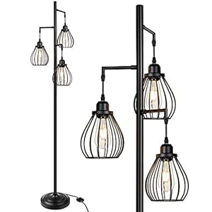 Lakumu Industrial Tree Floor Lamp for Living Room, with 3 Elegant Teardrop Cage Heads & ST58 Edison LED Bulbs, Sturdy Base Tall Vintage Pole Light Great for Farmhouse Rustic Bedroom Office