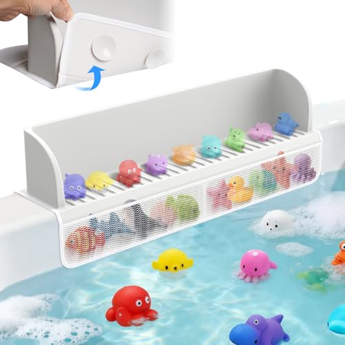 Image of Splash Guard for Bathtub Kids,Toy Tray Caddy Holder Storage,Bath Toy Storage Bag,Guard for Bathtub with Mesh Bathtub Toys Storage,Super Adsorption - Extended Design for Splash Protection,Silicone,Gray
