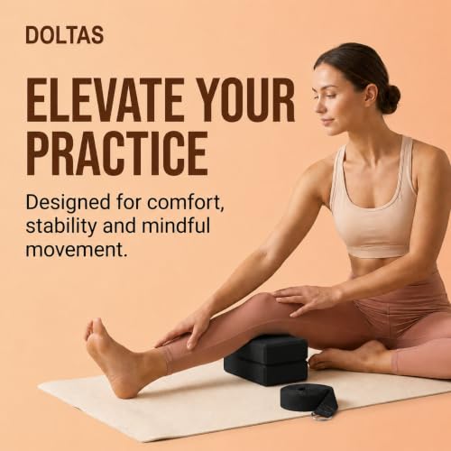 Image of DOLTAS High Density Foam Yoga Block Set of 2 with Yoga Strap - Non-Slip Lightweight Bricks for Improved Balance, Flexibility, Strength & Stability - Support for Pilates, Stretching & Meditation | Black