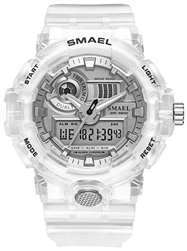 Men's Analog Display LED Watch Military Multifunctional Waterproof Quartz Sports Watch with Transparent Strap(White)