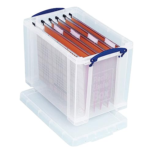 Image of Really Useful Box 19 Liter Plastic Stackable Storage Container w /Snap Lid & Built-in Clip Lock Handles for Home & Office Organization, Clear (3 Pack)