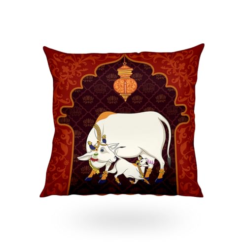 Image of SCPmarts Pichwai Printed Satin Cushion Covers Set of 5 - 16x16 Inch Square Decorative Throw Pillow Covers for Sofa, Living Room, Bedroom & Home Decor (Cow)