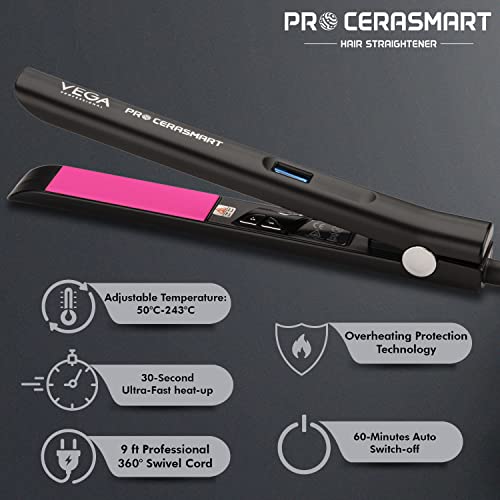 VEGA PROFESSIONAL Pro Cera Smart Hair Straightener With Tourmaline Ceramic Floating Plates,Ultra Quick Heat Up&Adjustable Temperature,(Vpmhs-06),Black view 2