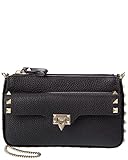 Valentino Rockstud Grainy Leather Wallet On Chain, Black