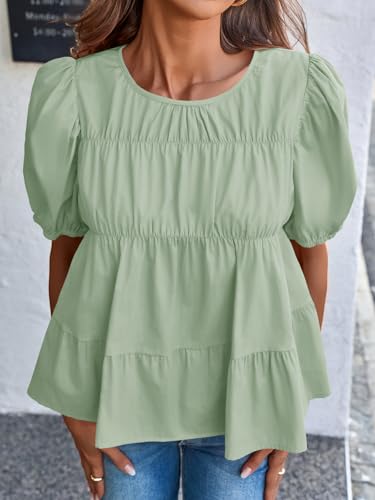 Image of Tankaneo Womens Puff Sleeve Peplum Babydoll Tops Summer Flowy Pleated Cotton T-Shirts Casual Loose Fit Cute Blouse