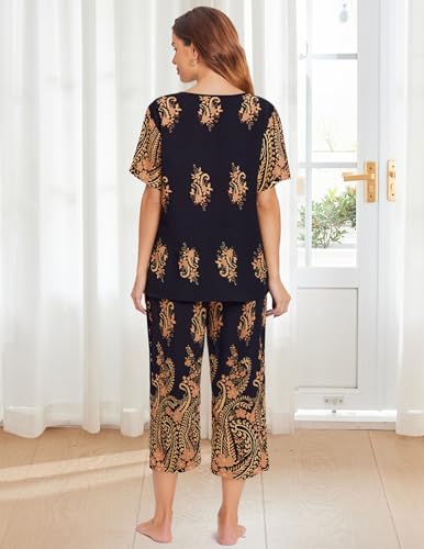 Image of Ekouaer Women's Two Piece Lounge Set Short Sleeve Shirt and Capri Pants Mumu Pajama with Pockets Loungewear Pjs Sets S-2XL