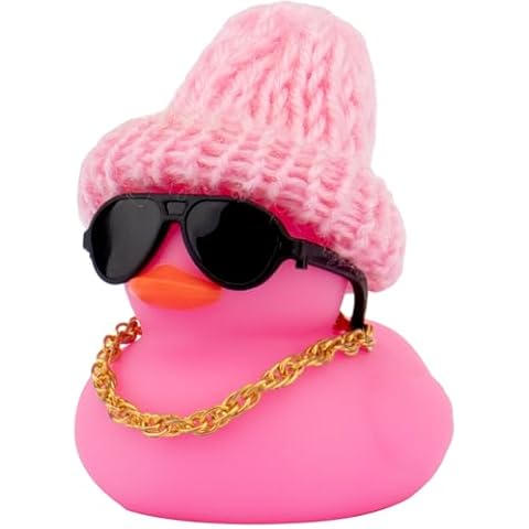 wonuu Car Dashboard Colorful Rubber Ducks, Christmas Eve Decorations Rubber Ducky for Car Ornament Cute Duck with Knit Hat, Glasses, Necklace (Pink) Cover