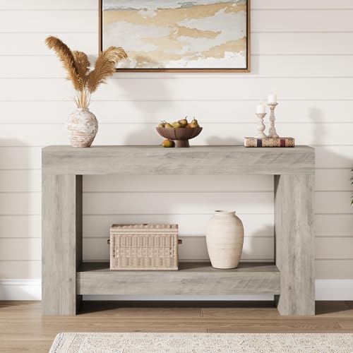 Garvee Farmhouse Console Table for Living Room, Long Console Table for Entryway, 2-Tier Large Sofa Table with Storage, Entryway Entry Table for Entrance, Hallway, Grey, 47
