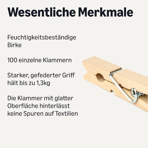 Amazon Basics Wäscheklammern aus Holz mit Feder, 100 Stück