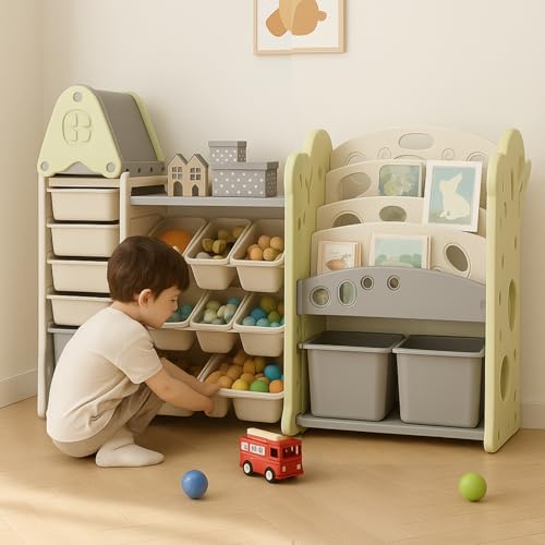 Image of Kids Toy Organizer with Bookshelf for Home 3 in 1 Storage Rack for Toddler Playroom Organizer Montessori Book Shelf Kids Toys Organiser for Space Saving Storage Bins for Children-Green
