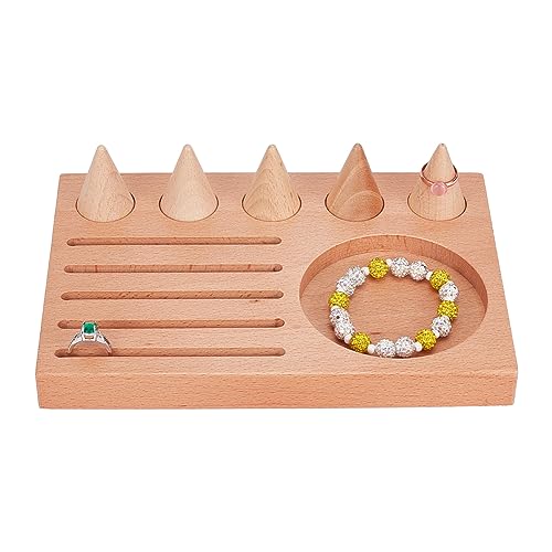 NBEADS Wood Ring Display, Wooden Finger Ring Display Tray Earring Jewelry Storage Holder Stand with 5 Pcs Cones for Finger Ring Earring Jewelry Trinket Small Item, 8.7×6×2.3