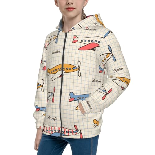 Striped Vintage Planes Kids Pullover Hoodies Boys Zip Up Sweatshirts Girls Athletic Clothes with Pocket