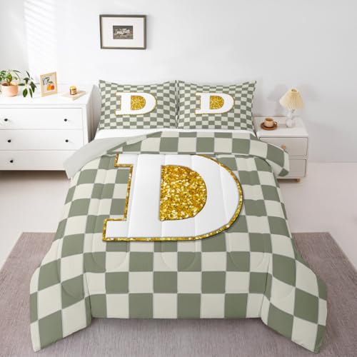 Image of Erosebridal Sage Green Checkered Comforter Set Full Plaid Initial D Bedding Set Personalized Monogram Comforter for Kids Adults,Fashion Grids Gingham Quilt Duvet