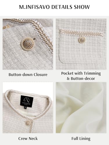 M.Infisavo 2025 Women's Cropped Tweed Blazer Short Sleeve Elegant Round Neck Open Front Cardigan Business Casual Jacket3