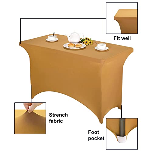 Image of FORLIFE Spandex Table Covers - Fitted 4ft Rectangular Tablecloth, Stretch Patio Table Cover for Wedding, Banquet, Party (Gold)