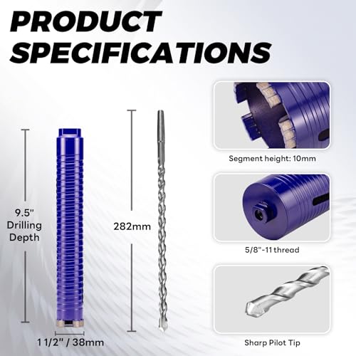 Image of 1-1 /2 inch Core Drill Bit with Pilot Bit & Adapters(SDS Plus and 1 /2 inch Hex), 5 /8 inch-11 Thread, 9.5 inch Depth, Upgraded-Welded Segments Diamond Core Bits for Concrete, Masonry, Brick Block