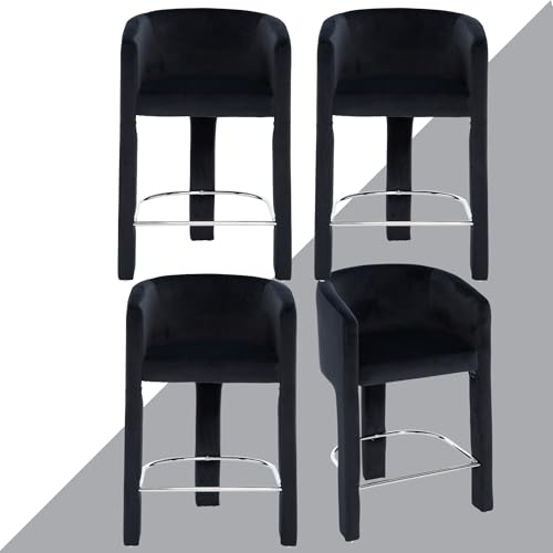 HNY Modern Barrel Bar Stools Set of 4, 26 Inch Upholstered Velvet Counter Height Barstools with Open Back and Armrests, for Kitchen Island, Home Bar, Dining Room, No Assembly, Black