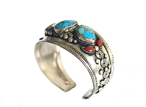 Blue Stabilized-Turquoise & Red Coral Mosaic Cuff Bracelet | Adjustable Ornate Jewelry For Men & Women | Limited Edition #TOP3