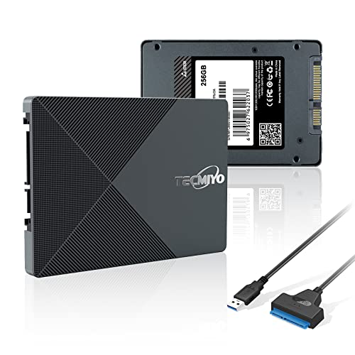 TECMIYO 256 Go SSD SATA III 6 Gb/s 2,5 pouces disque SSD interne, vitesse de lecture jusqu'à 500 Mo/s avec adaptateur de câble SATA convertisseur haute vitesse 5 Gbps 3.0 Cover