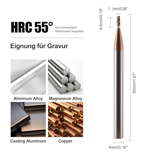 1.5mm CNC Fräser Schaftfräser Hartmetall 4 Schneiden, 5 Stücke TiSiN Coat Spiralfräser Bit VHM Bohraufsätze Mit 4 Rillen，55 HRC Schneide Schaftfräsersatz Drill für Aluminiumlegierung, Stahl, Kupfer