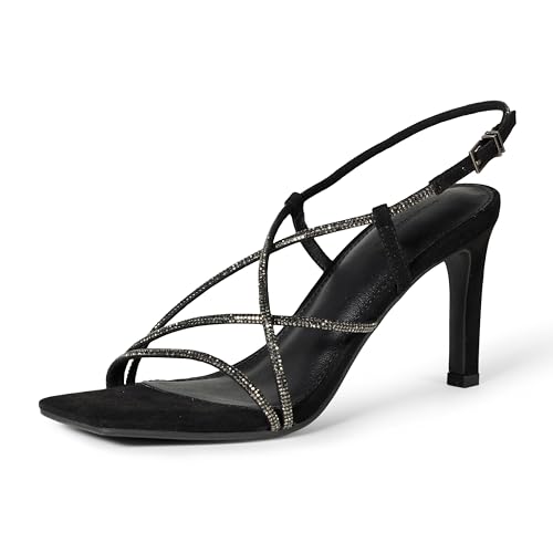 Amazon Essentials Sandalias de tacón de aguja con tiras para mujer, cristales negros, talla 9