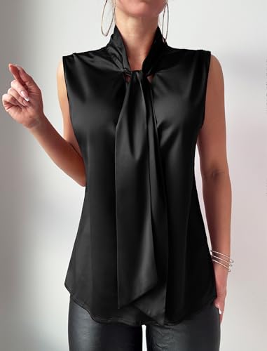 ZAFUL Women's Silk Satin Tank Tops Bow Tie Knot Mock Neck Casual Sleeveless Blouses Summer Basic Tanks Shirt3