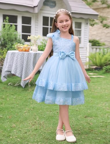 OBEEII Birthday Dress for Toddler Girl Sequins Pageant Tulle Tutu Dress Bowknot Princess Baptism Wedding Flower Girl Gown4