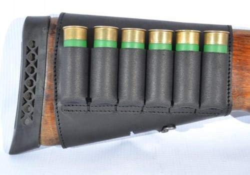 Hunting Buttstock Ammo Cartridge Holder Pouch Adjustable 12, 16 Ga, Leather Rifle Shell Holder Shotgun Stock Right Handed Black Brown Khaki (Black, 12ga/20ga)
