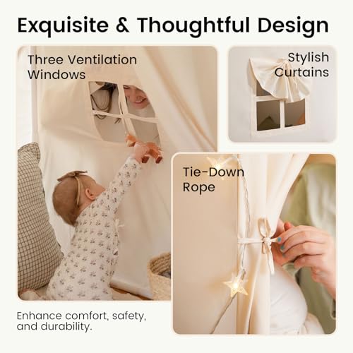 Tiny Land Kids Tent with Mat and Star Lights, Indoor Playhouse for Toddlers, 57"x36"x52" Large Reading Nook for Girls & Boys, Modern Bed Canopy for Kids Room