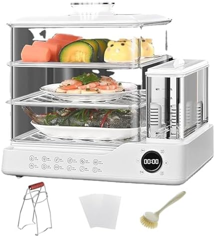 3-Layer Electric Food Steamer, 24L Multi-Functional Touch Screen Cooker for Eggs, Fish & Meat, 24H Timer, Independent Water Tank, Auto Shut-Off - White