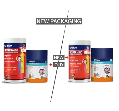 Image of Gritzo SuperMilk Growth+ (Formerly Height+) (13+y Girls) (Double Chocolate, 400g) with Super Gummies (Natural Orange Flavour, 30 Gummies) | Pack of 2