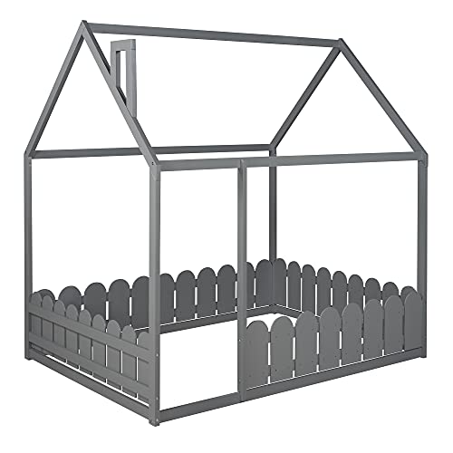 Nishore Full Size Wood Bed House Bed Frame With Fence, For Kids, Teens, Girls, Boys Gray （Slats Are Not Included #TOP3