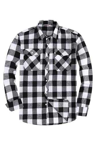 JupiterSecret Mens Flannel Plaid Shirts Long Sleeve Button Down Casual Shirt Regular Fit with 2 Pockets (WhiteGrey,M)