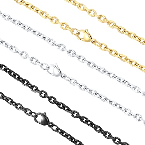 3 Pcs Stainless Steel Chain Necklaces for Men & Women, Silver Gold Black Cable Link Rolo Necklace Boys Fashion Jewelry Gifts, 3.5 MM 20 Inch