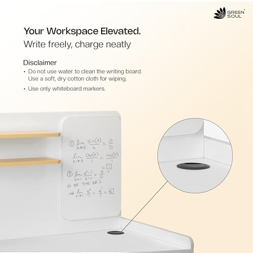 Image of Green Soul Dora Study Table for Home (2026 Edition) with Writing Board & Bookshelf | IS-3087 Engineered Wood| Computer /Writing Desk for Home, Adults & Students, White, 3 Year Assurance