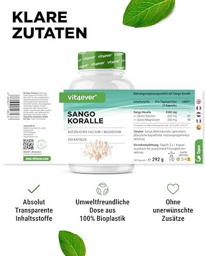 vit4ever Sango Meereskoralle - 240 Kapseln (3 Monate) - 660 mg Calcium & 330 mg Magnesium - Natürliche Kalzium- und Magnesiumquelle - Hochdosiert