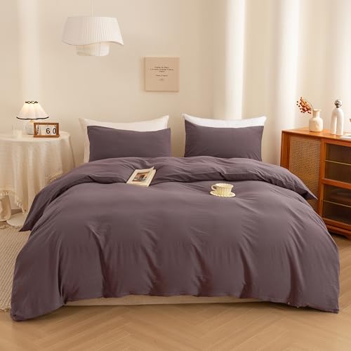 ECOCOTT Lilac Purple Duvet Cover King Size, 100% Washed Cotton 3 Piece Bedding Set 1 Duvet Cover with Zipper and 2 Pillowcases, Ultra Soft and Easy Care Breathable Duvet Cover Set ((Lilac Purple,King)