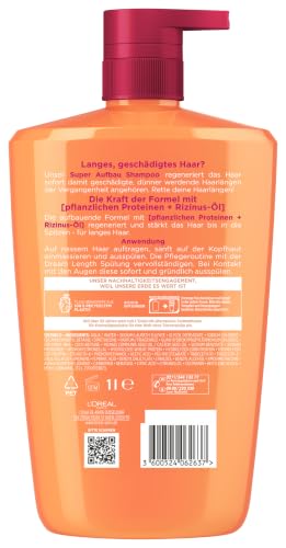 L'Oréal Paris Elvital XXXL Shampoo gegen Spliss, Für traumhaft langes Haar, Mit Rizinusöl, Vitaminen und pflanzlichen Proteinen, Dream Length Super Aufbau Haarshampoo, 1 x 1000 ml