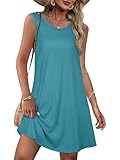 elescat Tshirt Dresses for Women Summer Pocked Swing Tank Sleeveless Mini Beach Sundress(Solid Blue Green,M)