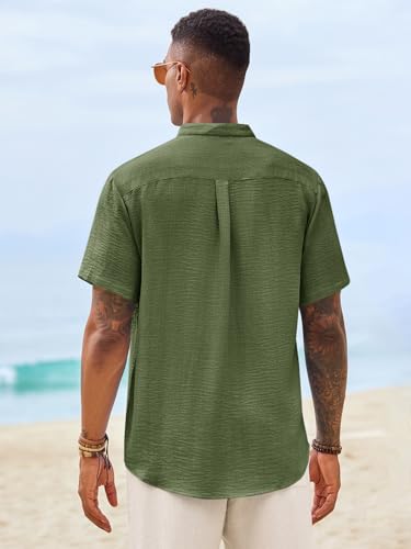 Image of Runcati Mens Casual Henley Shirt Short Sleeve Band Collar Textured Shirts Summer Beach Hippie T-Shirts