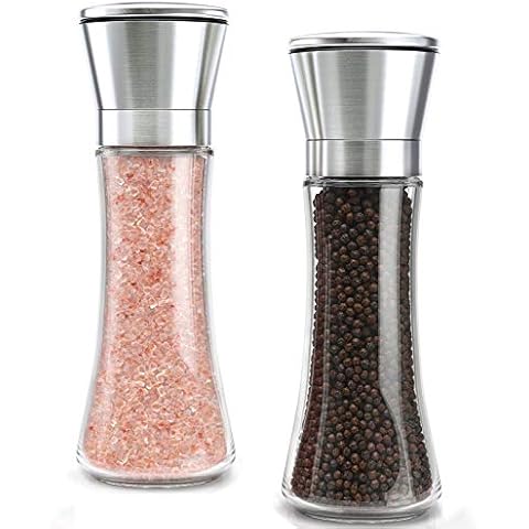 YMTECH Salt and Pepper Grinder Set, Premium Pair of Salt & Peppercorn Mills with Manually Adjustable Coarseness, Brushed Stainless Steel & Glass Body Shakers (Long) Cover