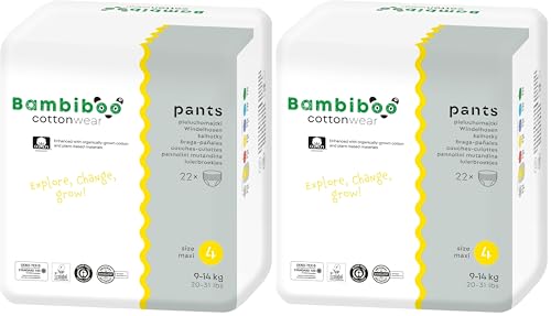 Bambiboo Pañales para Bebé Talla 4 (9-14 kg) COTTONWEAR - De Algodón Ecológico y Materiales Vegetales - Con Indicador de Humedad - Transpirables - 22 piezas (Paquete de 2)