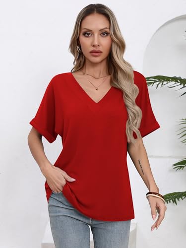 Missufe Women's 2025 Summer Tops V Neck Short Batwing Sleeve Loose Fit Casual Basic T Shirt3