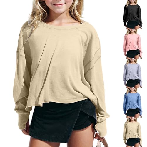 Girls Backless T Shirt Long Sleeve Thumbhole Kids Open Back Top Cool Breathable Loose Plain Cropped Tee Crewneck4