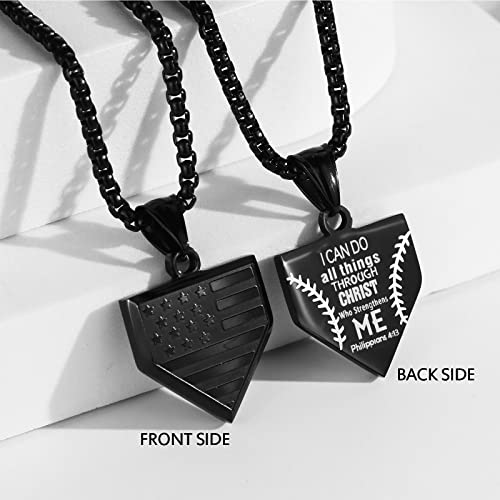Baseball Home Plate Necklace for Men USA Flag Shield Pendant Stainless Steel Chain 22+2 inch Inspirational Patriotic Jewelry Personalized Baseball Gift for Boys2