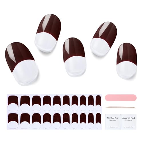 Semi Cured Gel Nail Strips, 20 pcs Gel Nail Stikers, Gel Nail Wraps Semi Cured, Salon-Quality, 2 Weeks Long Lasting Dark Red French