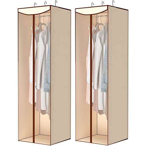STORAGE MANIAC 2-Pack Hanging Garment Bag, Long Garment Cover for Closet, Clear Garment Bags for Storage, Large Garment Storage Bag for Dresses, Suits, Zipper Cover with Sealed Clear Window, Beige