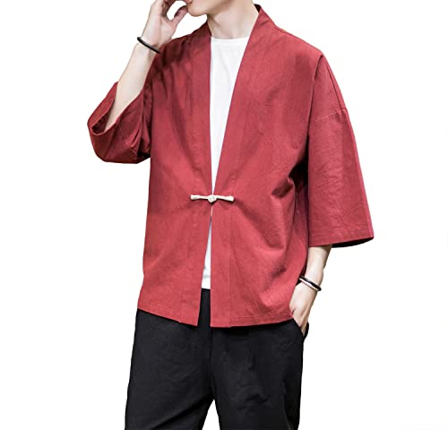 Image of Mens Kimono Cardigan Cotton Linen Japanese Shirt 3 /4 Sleeve Haori Yukata | Skin-Friendly Solid Color Lightweight Shawl Collar Kimono Robe Embroidery Button Tie Pockets Happi Coat All Season Daily Wear